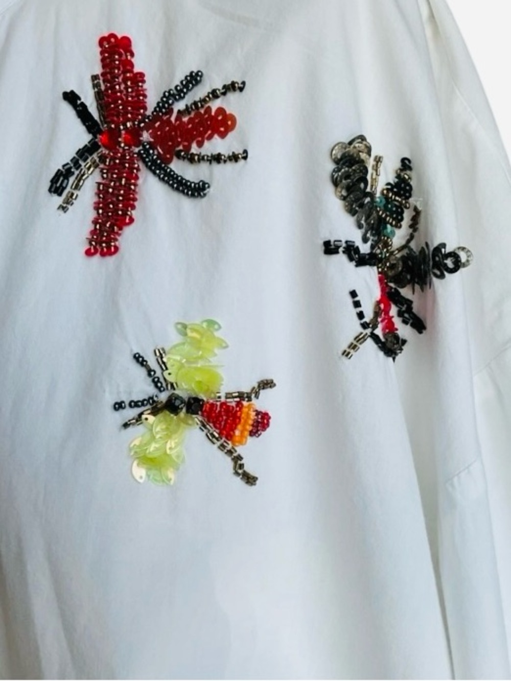 ZARA Jeweled Bug Blouse White Embroidered Oversized Smock Cotton Top Large NWT - Picture 8 of 10